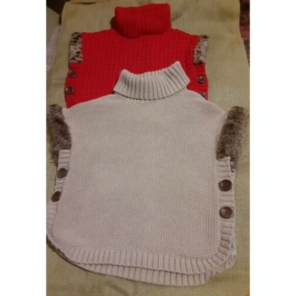 Aspen Kids Girls Size M 7/8 Poncho Sweater Cream & 5/6 Red Fur Trimmed Pullover - Picture 1 of 10